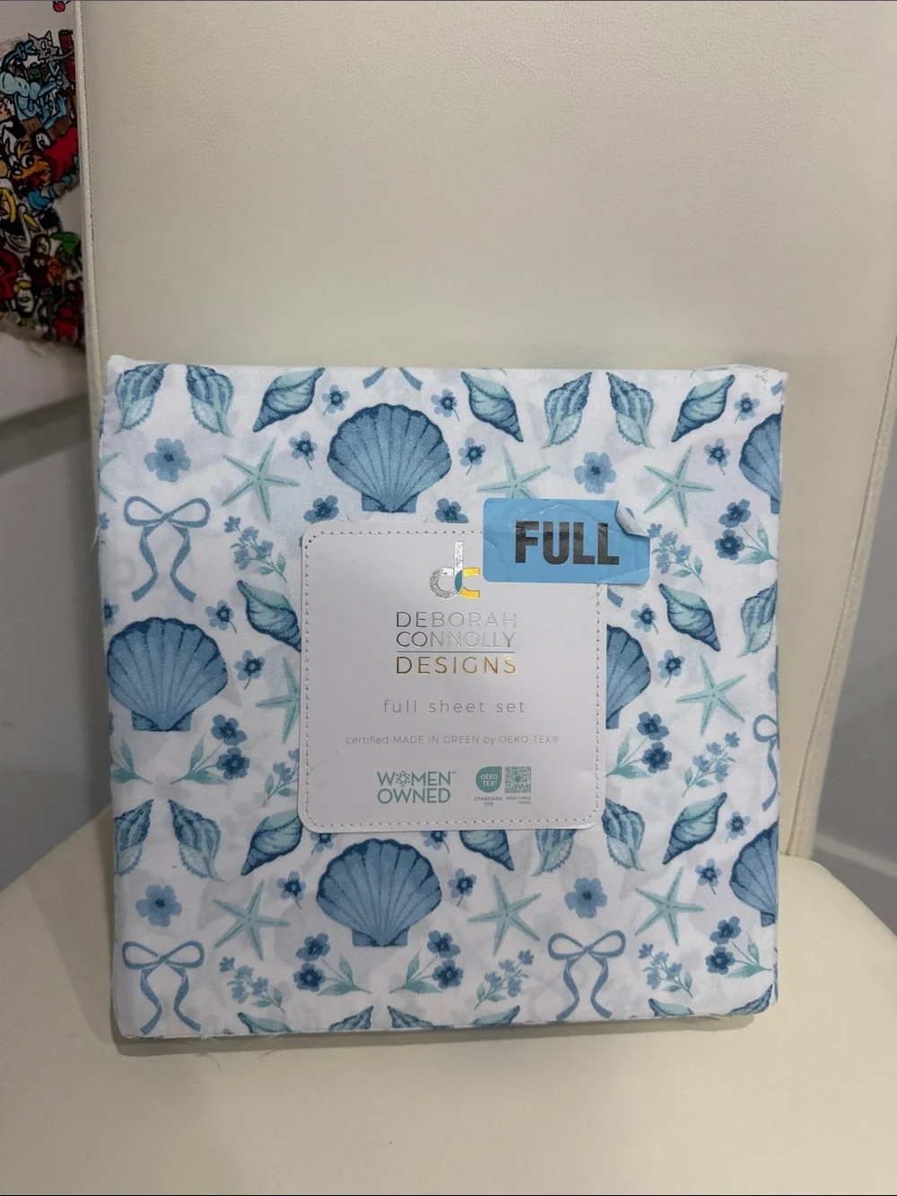 Deborah Connolly White & Blue Coastal Print Microfiber FULL  Sheet Set